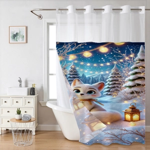 Cartoon Animals Waterproof Polyester Shower Curtain With Snap In Replaceable Liner And Hookless Ring Design Bathroom Decor
