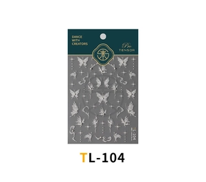 Detailed macro view of 3D embossed white butterfly and star nail art stickers set TL-104