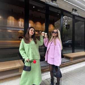 Women's fuzzy knit cardigan set in grass green and oversized pink mohair blazer jacket