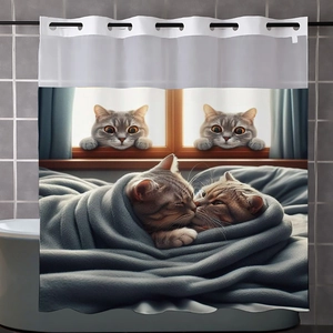 Detail view of double layer waffle shower curtain with realistic grey striped cat patterns