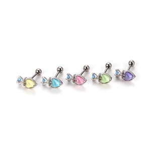 Stainless steel heart stud earrings with colorful cat-eye stones in a screw-back design