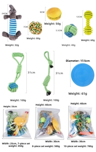 Detailed size and weight specs for various durable cotton rope and plush dog toy sets