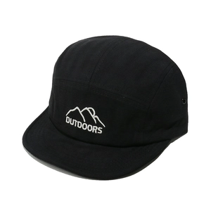 Detail showing the white mountain embroidery and metal eyelets on black 5-panel camper hat