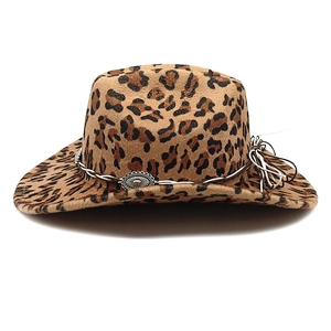 Leopard print felt cowboy hat with woven band and vintage oval silver metal buckle