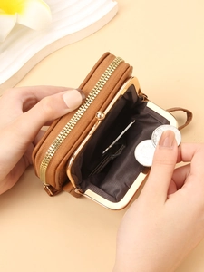 Brown lychee texture leather small zip wallet for women with golden hardware and coin slot
