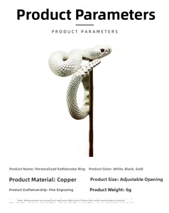 Detailed parameter table showing a carved silver rattlesnake ring with red eyes