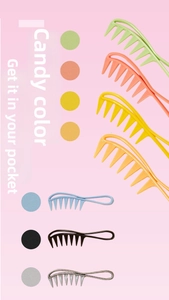 Macro shot of wide tooth hair combs in vibrant candy colors for detangling long hair