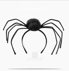 Front view of black fuzzy spider headband with bendable legs for Halloween cosplay costume