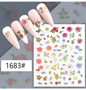Detail of JO-1683 rose floral nail stickers with pink flower designs and application effect
