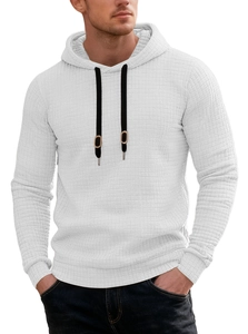 Detailed view of the men's white hoodie showing the premium waffle knit fabric texture