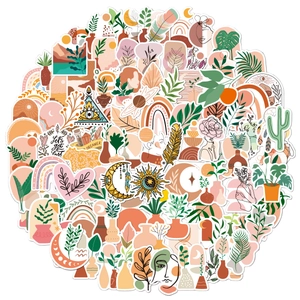 Set of 100 bohemian aesthetic stickers featuring sun, moon and abstract floral designs