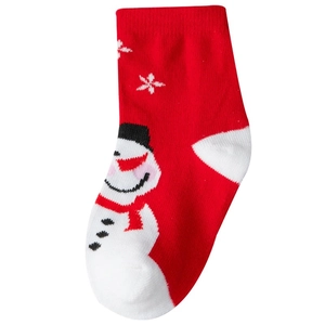 Cute red Christmas cotton socks for kids featuring white snowman and snowflake patterns