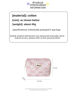 Pink quilted makeup bag with red bow pattern showing detailed dimensions and soft fabric