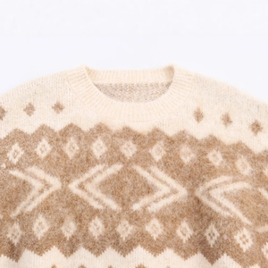 Cozy cream pullover knit sweater featuring brown geometric jacquard patterns and ribbed crew neck