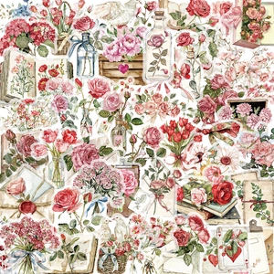 50pcs vintage floral and letter PET stickers for scrapbooking with roses and envelopes