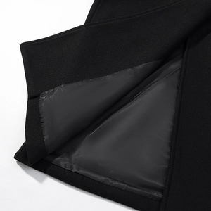 Detailed macro view showing the textured wool fabric and glossy lining of the black coat