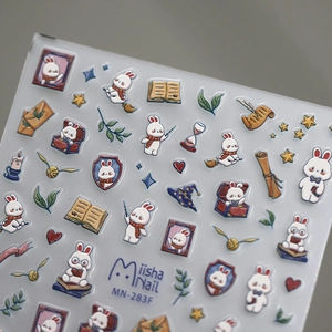 3D embossed nail stickers featuring magical bunny and wizard academy theme motifs