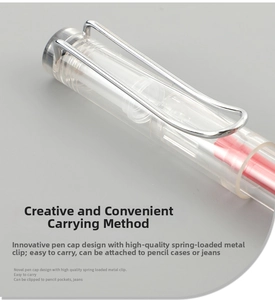 Detail of transparent gothic art pen cap featuring a durable U-shaped metal spring clip