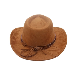 Close-up of brown suede western cowboy hat with decorative woven band and chin cord