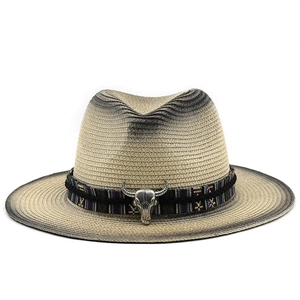 Western straw sun hat with ethnic band and vintage bull head metal ornament for summer