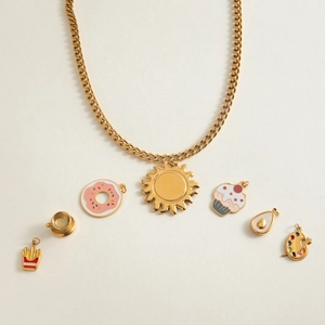 18K gold plated stainless steel flat chain necklace with sun and food enamel pendants
