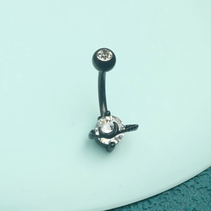 Black belly button ring with crescent moon charm and clear zircon stones decoration
