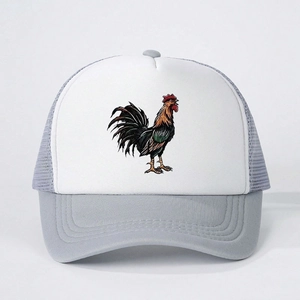 Front view of white foam trucker hat featuring a vibrant rooster print and gray mesh back