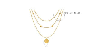 Detailed view of triple-layered gold pendant necklace showing length measurements