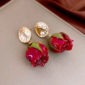 French vintage preserved red rose earrings with hammered gold metal bases for women