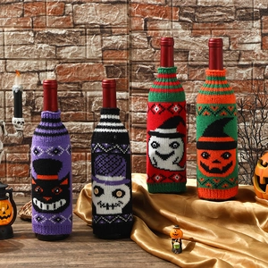 Halloween Knitted Wine Bottle Covers Pumpkin Ghost Skeleton Patterns Festive Party Dinner Table Decoration Novelty Ornaments