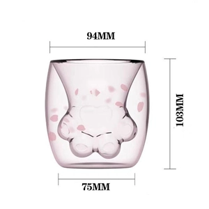 Insulated double-wall cherry blossom cat paw glass cup with dimensions 94x103x75mm