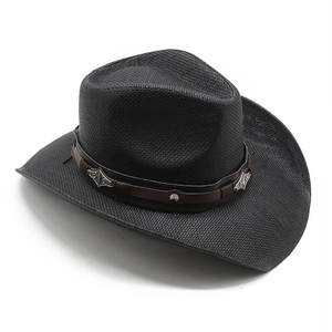 Detail of black woven cowboy straw hat with leather band and vintage metal studs