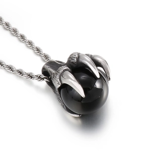 Punk style stainless steel dragon claw pendant with black round bead on twist chain
