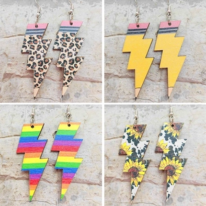 Wood Lightning Bolt Drop Earrings Printed Leopard Rainbow Sunflower Pencil Design Retro Fashion Jewelry For Women