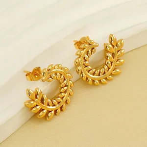 Vintage Wheat Ear Hoop Earrings For Women Gold Plated Stainless Steel C Shaped Textured Laurel Leaf Stud Jewelry