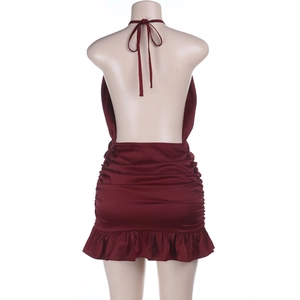 Rear view of burgundy satin dress with halter neck and ruffled hem detail