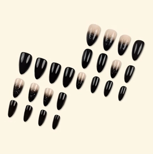 24pcs long almond press-on nails with black gradient design and sparkling glitter finish