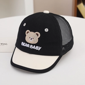Detail of breathable mesh back and bear embroidery on kids baseball cap