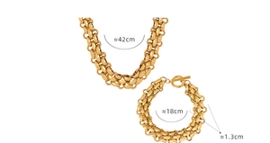 Gold chunky chain jewelry set showing necklace and bracelet dimensions with toggle clasp
