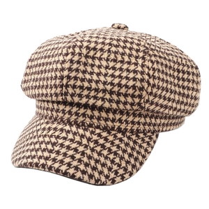 Chic retro houndstooth newsboy cap in warm brown wool fabric for women's autumn style