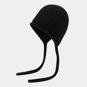 Women's black wool knit trapper hat with ear flaps and ribbons for winter warmth