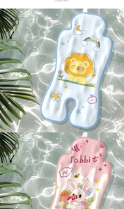 Close-up of baby stroller cooling pads with lion and rabbit prints on a water background