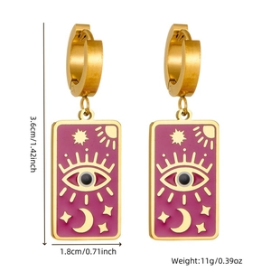Vintage gold tarot card earrings with purple enamel sun moon eye motifs and dimensions