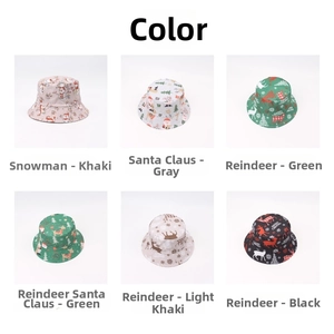 Detailed grid of Christmas bucket hats featuring festive reindeer and snowman patterns