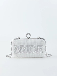White beaded BRIDE clutch bag with pearls, rhinestone ring clasp and silver chain strap