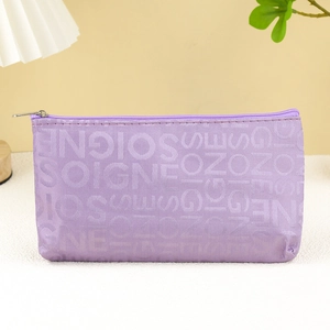 Purple casual jacquard makeup bag with SOIGNE letter pattern and zip closure