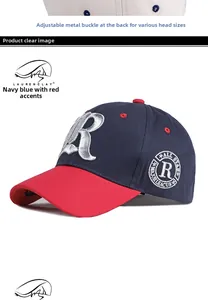 Detail of navy and red baseball cap showing R embroidery and metal buckle adjuster