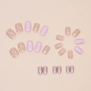 24pcs short square press-on nails with purple tulip art and pink glitter finish