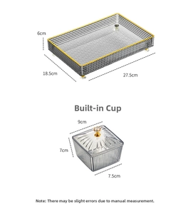 Detailed view of luxury transparent serving tray set with gold handles and dimensions