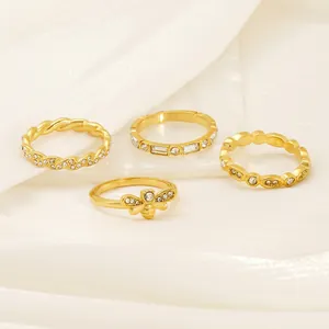 18K Gold Plated Stainless Steel Ring For Women Zircon Pave Geometric Band Bee Design Fashion Jewelry